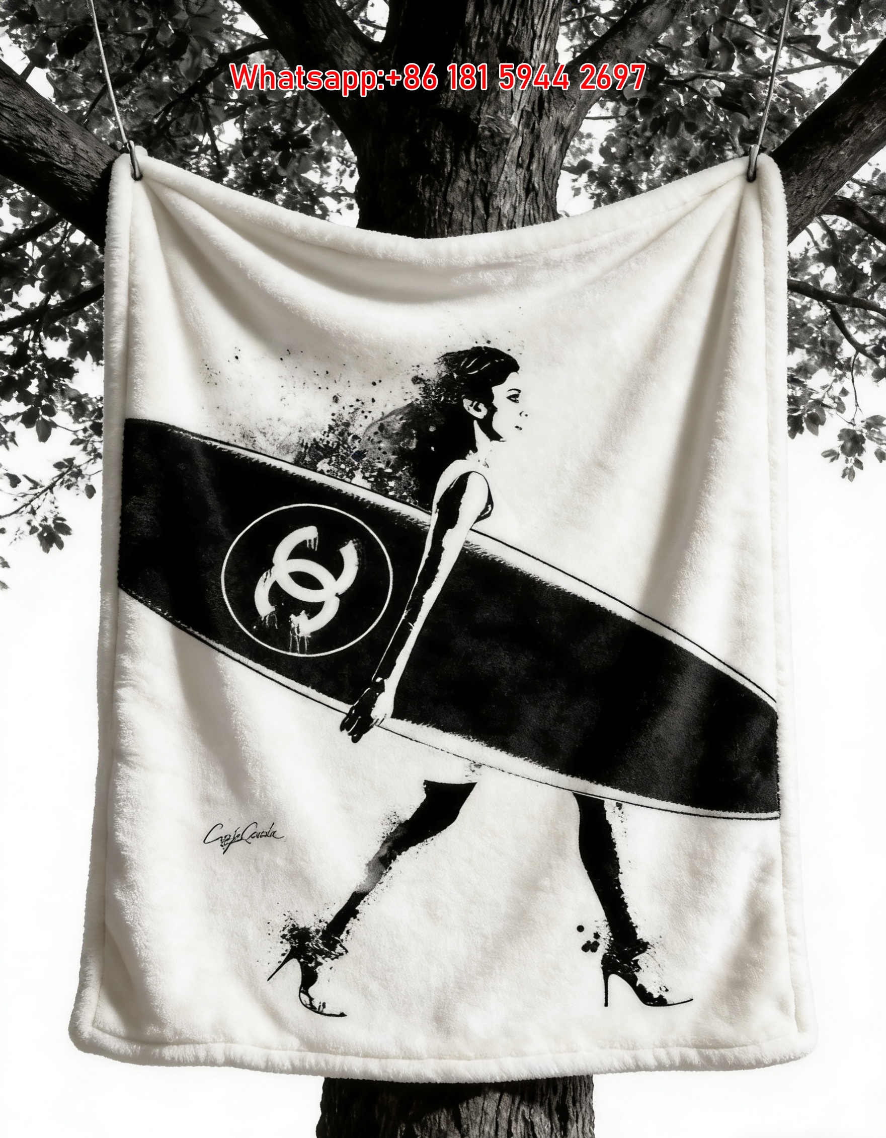 Chanel CC Logo Surfer Girl Flannel Sofa Throw Blanket IMG_6733